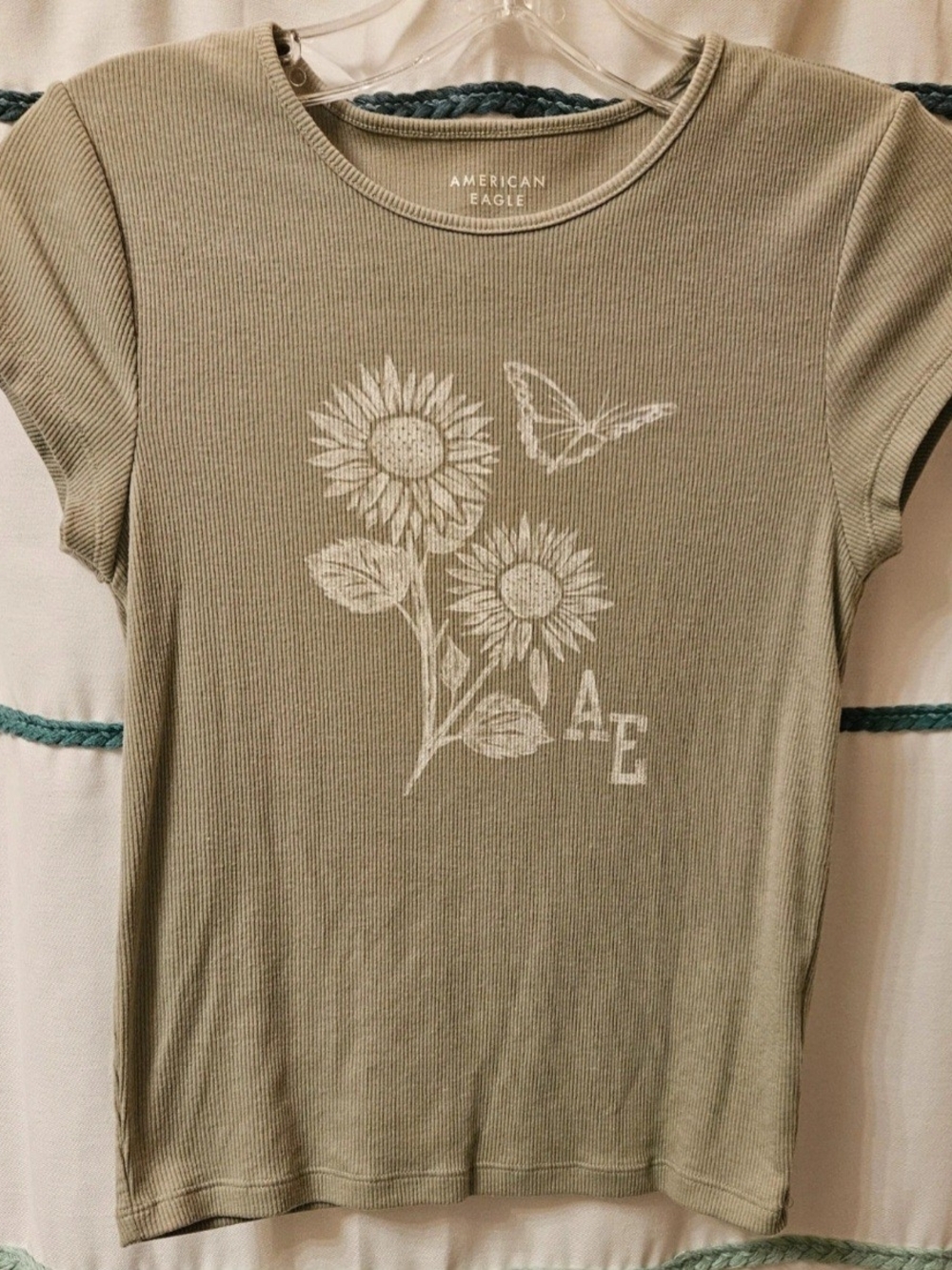 American Eagle Outfitters Olive Ribbed Sunflower & Butterfly Graphic Baby Tee